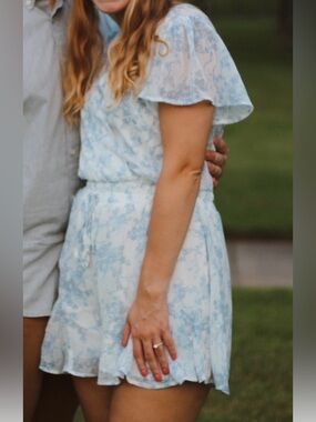 Mi Ami White and Light Blue Floral Chiffon Romper with Flutter Sleeves